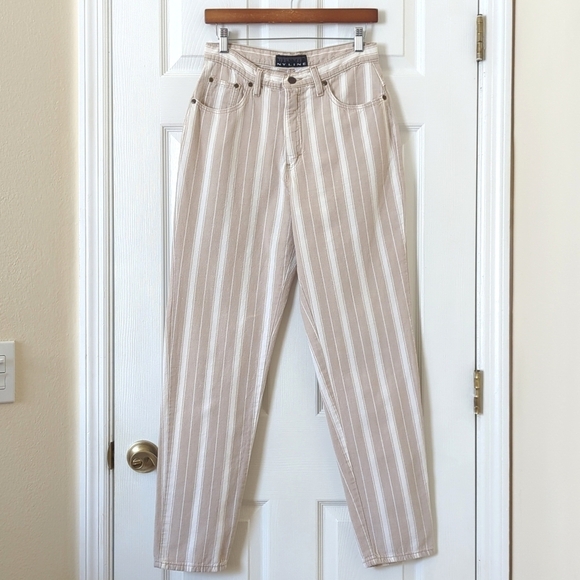 NY Line Pants - NY Line 90's Vintage Classic Striped High Waisted Tapered Leg Pants Tan White 28